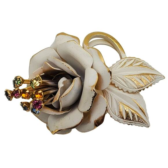 Vintage Enamel Flower Brooch Rhinestone Pin White Rose Gold Tone 1950s Statement - Picture 5 of 10